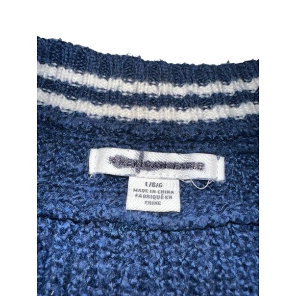 American Eagle Womens V Neck Ribbed Sweater Size Large Navy Blue Tennis Stripe - Picture 3 of 6